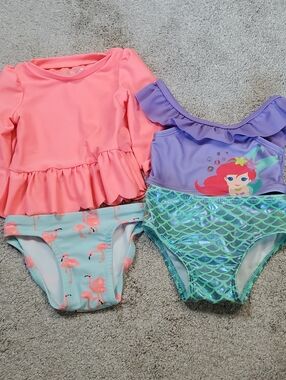 Infant Girls Coral Flamingo Ruffle & Purple Mermaid 2-Piece Swimsuits. 3-6 & 6-9